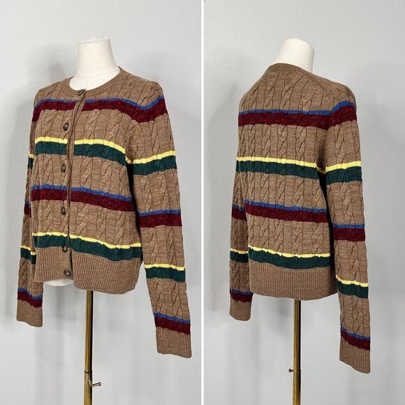 Polo Ralph Lauren Striped Cable Knit Cardigan Camel Wool Cotton XL Preppy $499 - Picture 4 of 13